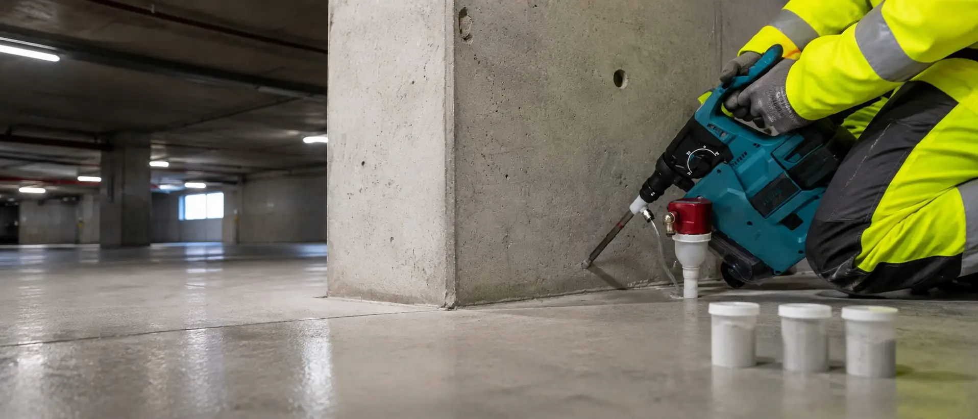 Bohrmehlentnahme an einem Betonbauteil